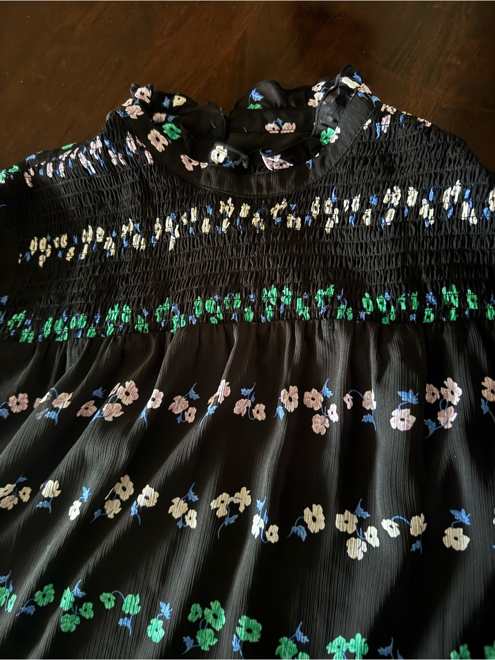 Ann Taylor Black Floral Smocked-Neck Long Sleeve Blouse - Picture 4 of 5